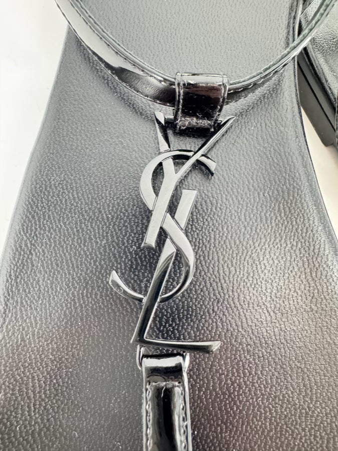 SAINT LAURENT Size 37.5 Black Leather Logo Sandals