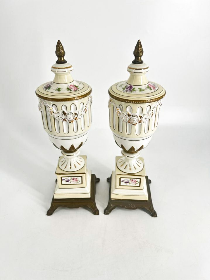 VINTAGE Cream & Yellow Porcelain Pair of Footed Urns