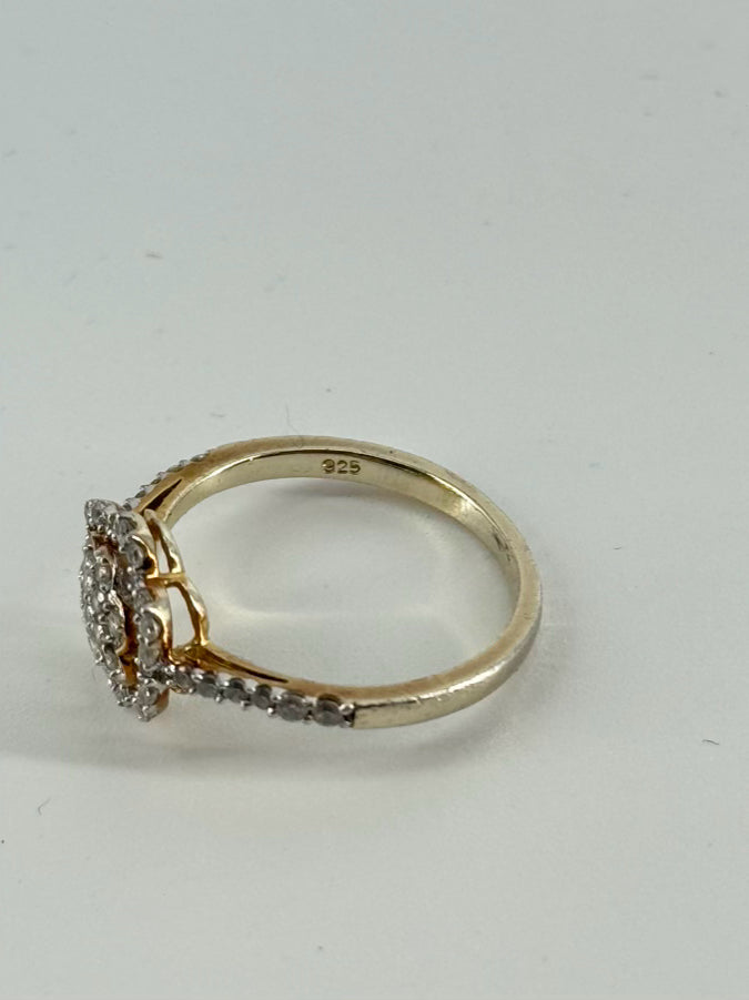 STERLING SILVER Gold Tone Clear Stone Floral Engagement Ring