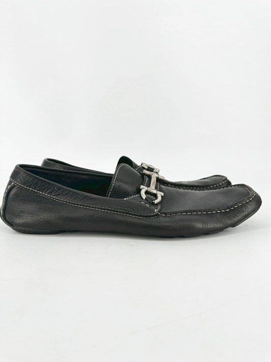 SALVATORE FERRAGAMO Size 10.5 Black Leather Gancini Drivers Loafers