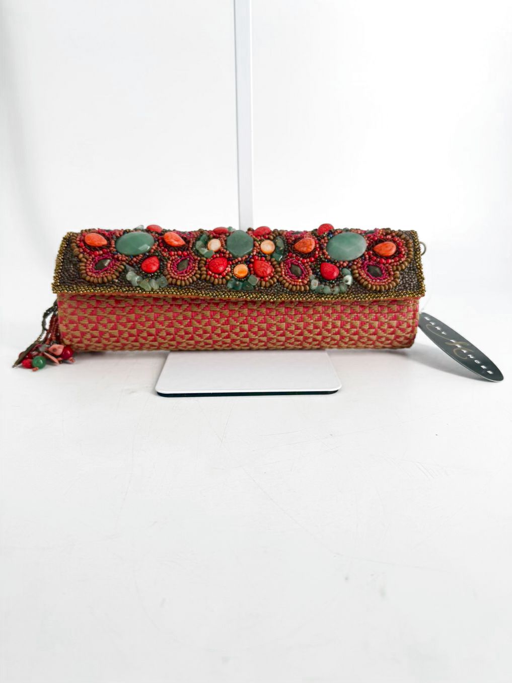MARY FRANCES Orange, Blue & Pink Fabric & Beads Beaded Clutch Bag NWT