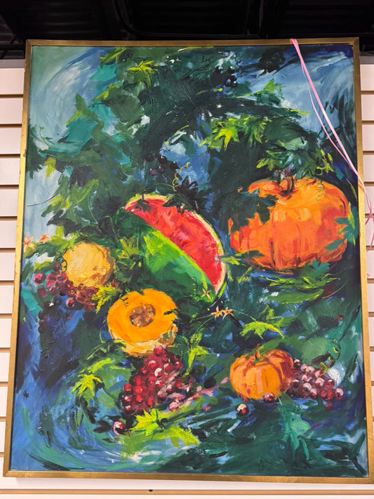 JOHN BLOOMFIELD Pumpkins, Melons, & Grapes Painting in Gold Frame