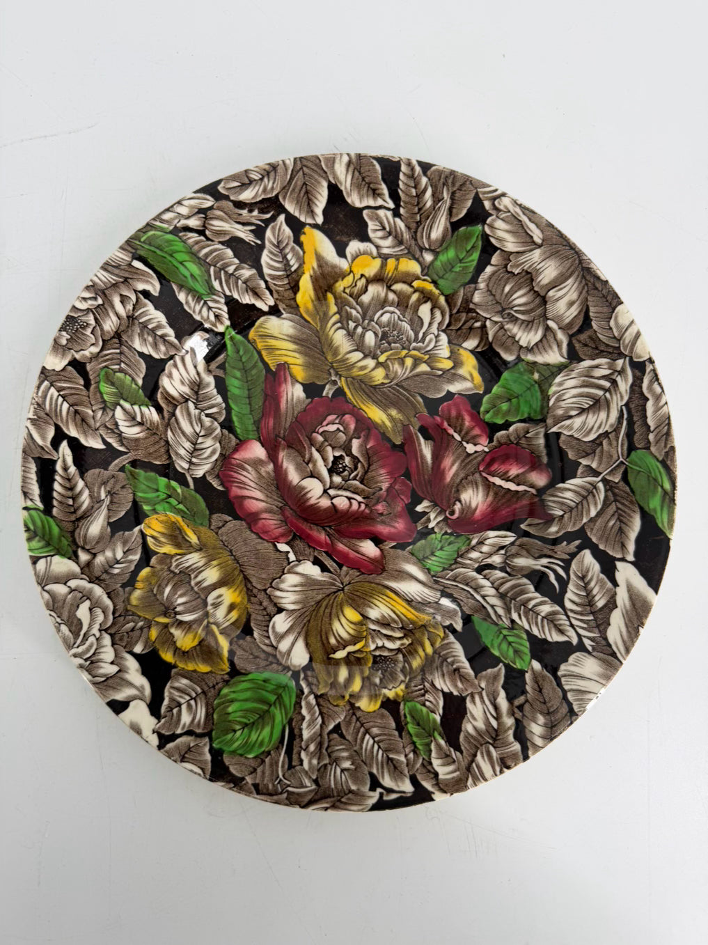 STAFFORDSHIRE Brown, Pink & Green Transferware Dinnerware Setting For 8 w/ 8 Salad Plates
