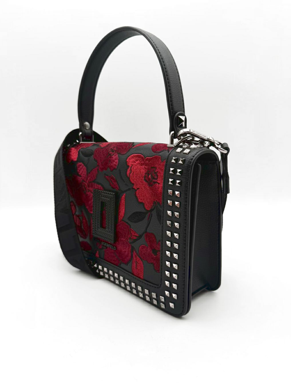 KARL LAGERFELD Simone Black & Red Leather Floral Flap Crossbody Purse