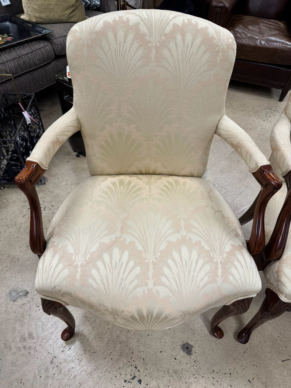 CENTURY Yellow Damask Upholstered Wood Queen Ann Pair of Chairs