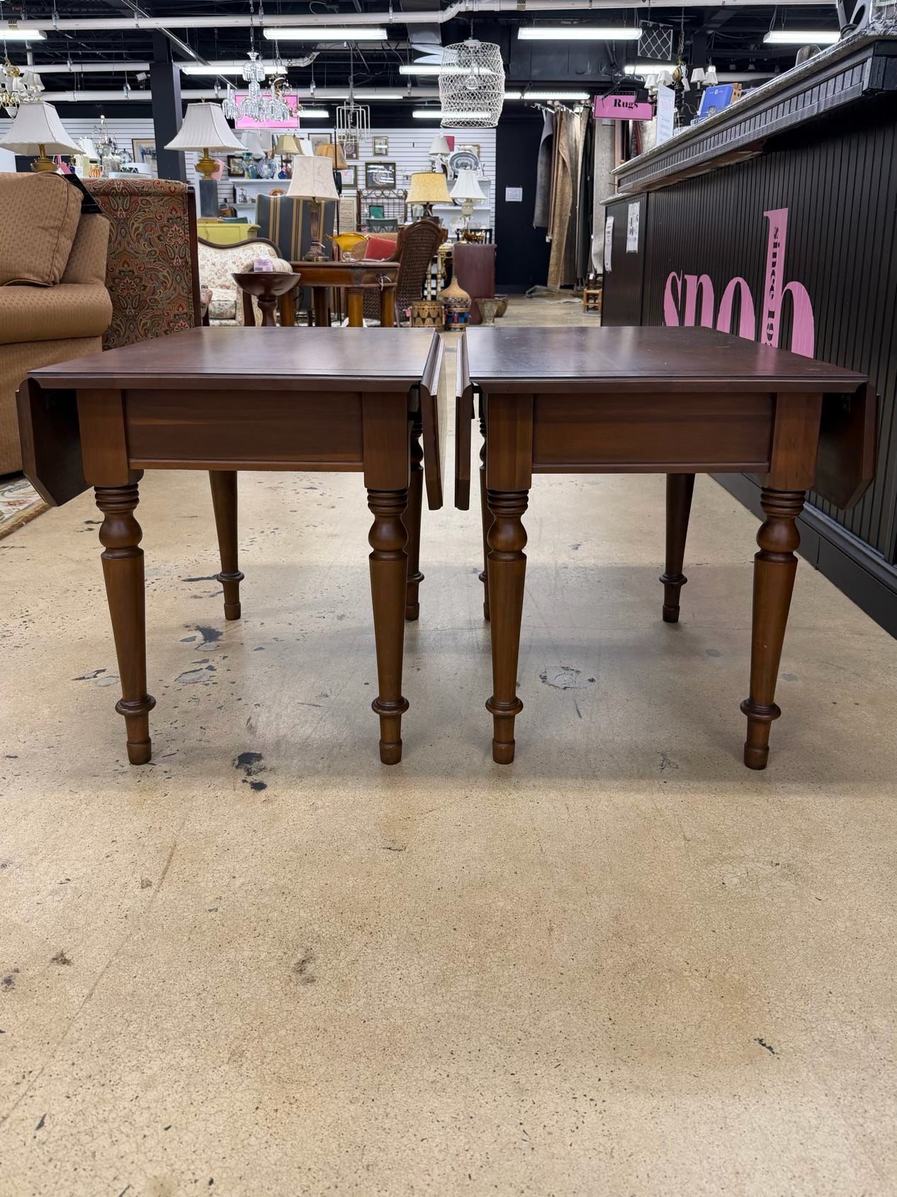 TELL CITY Drop Leaf Dark Brown Wood Pair Of End Tables