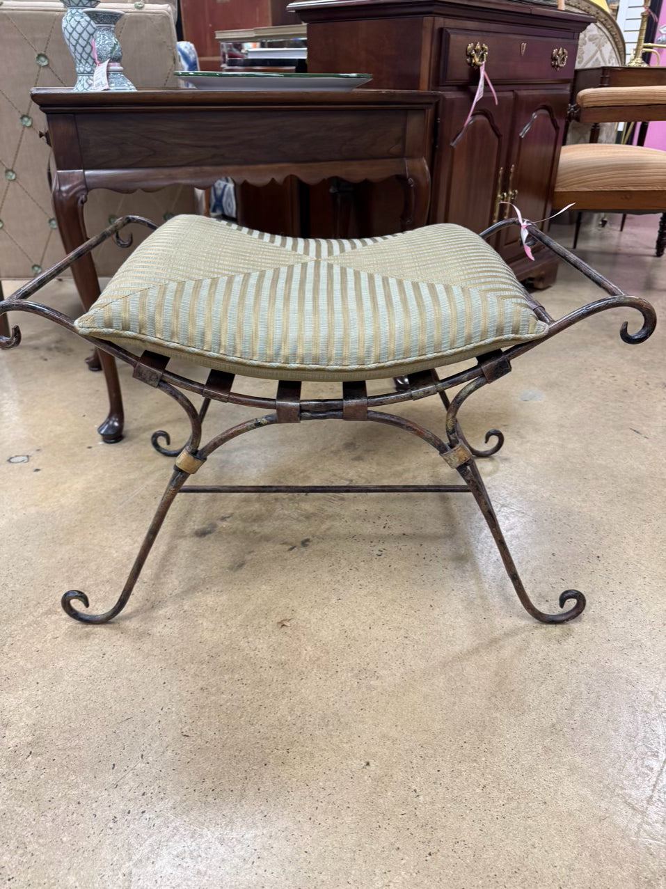 Metal Brushed Gold & Green Stripe Cushion Stool