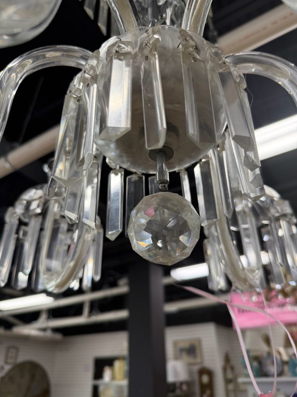 Clear & Silver Crystal & Polished Chrome 6 Arm Chandelier w/ Prisms