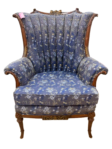 HOLLYWOOD REGENCY Blue, Yellow & Pink Carved Barrel Back Chair