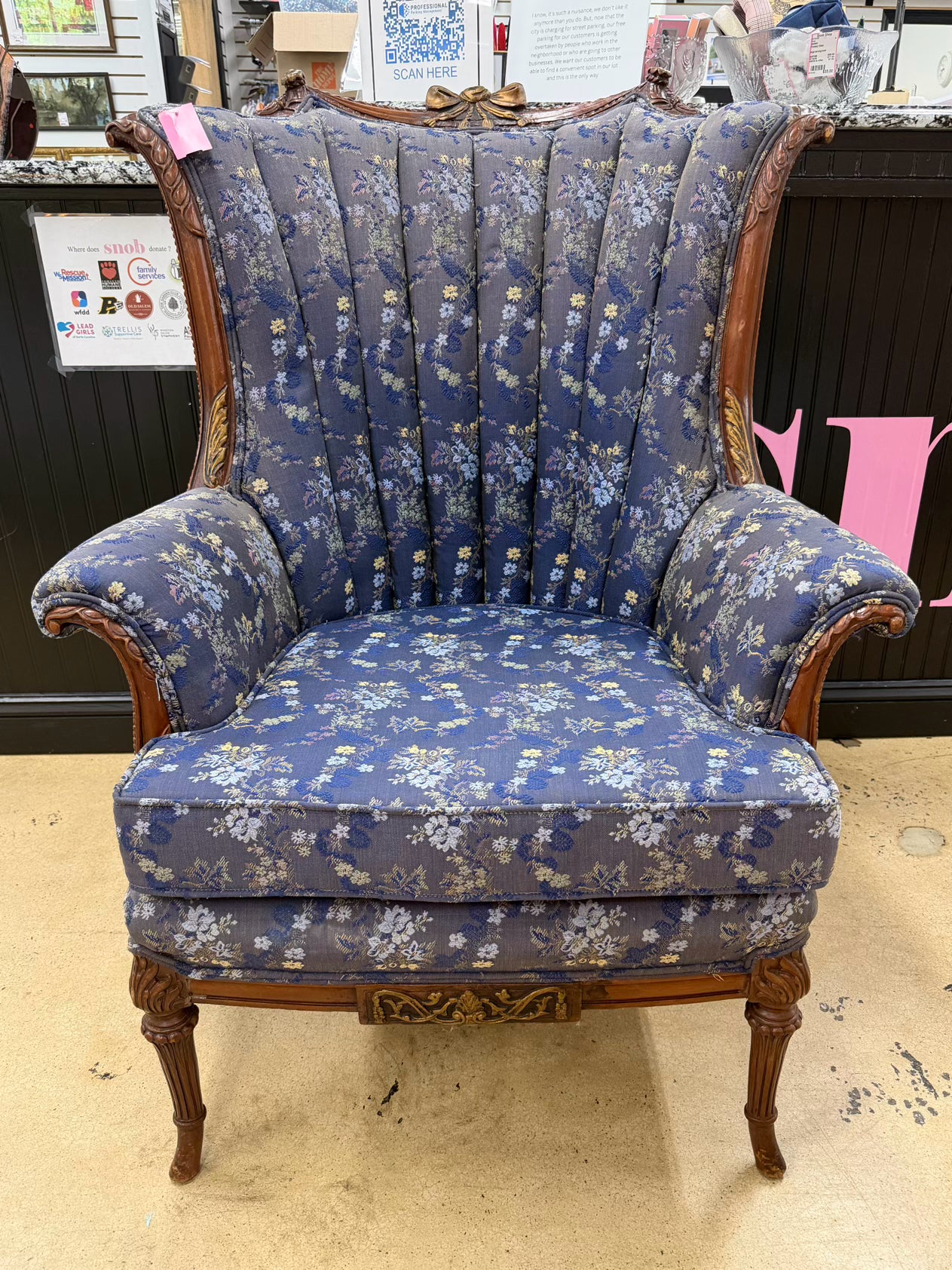 HOLLYWOOD REGENCY Blue, Yellow & Pink Carved Barrel Back Chair