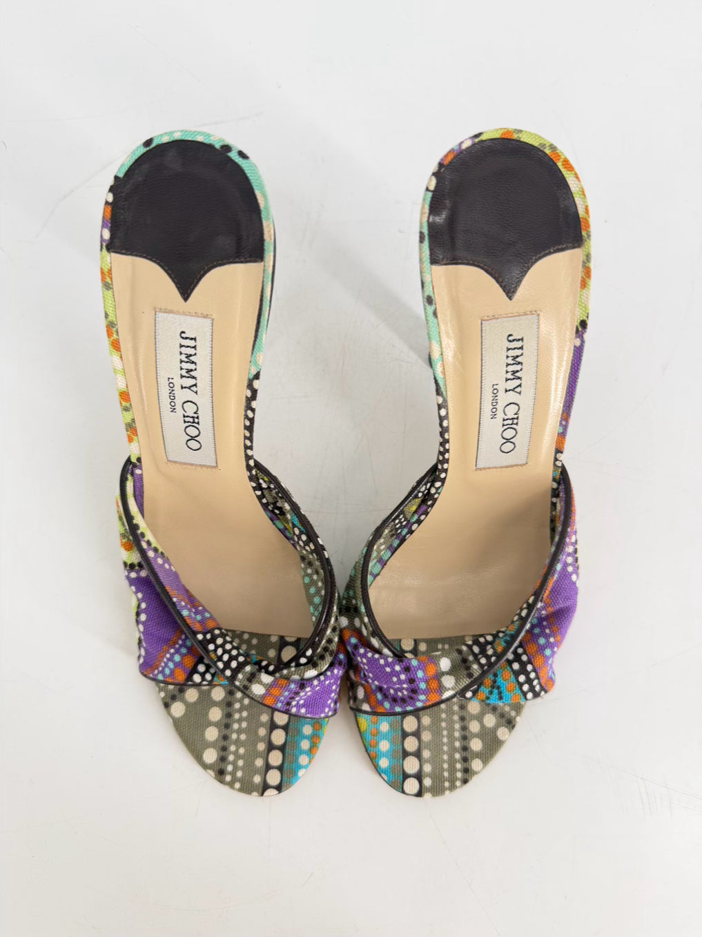 JIMMY CHOO Size 38 Purple & Green Canvas Print Heels