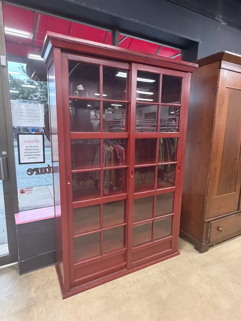 POTTERY BARN Red Wood Bookcase w/ Glass Sliding Doors