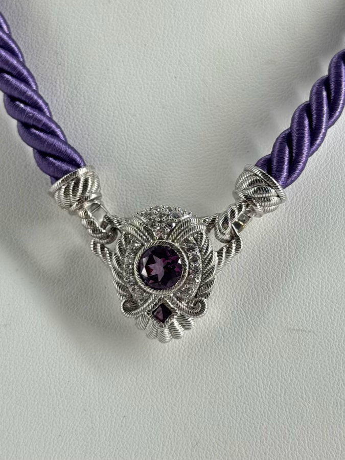 JUDITH RIPKA STERLING SILVER & Cubic Zirconia Purple Cord Necklace