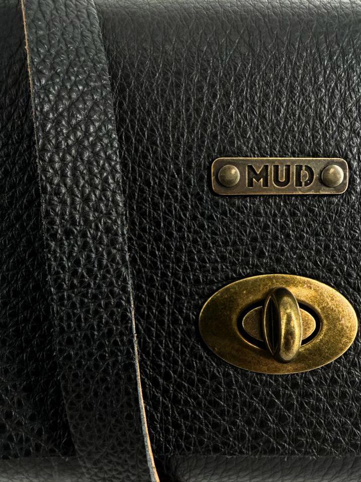 MUD Mini Pear Black Leather & Cork Crossbody Bag w/ Gold Tone Hardware
