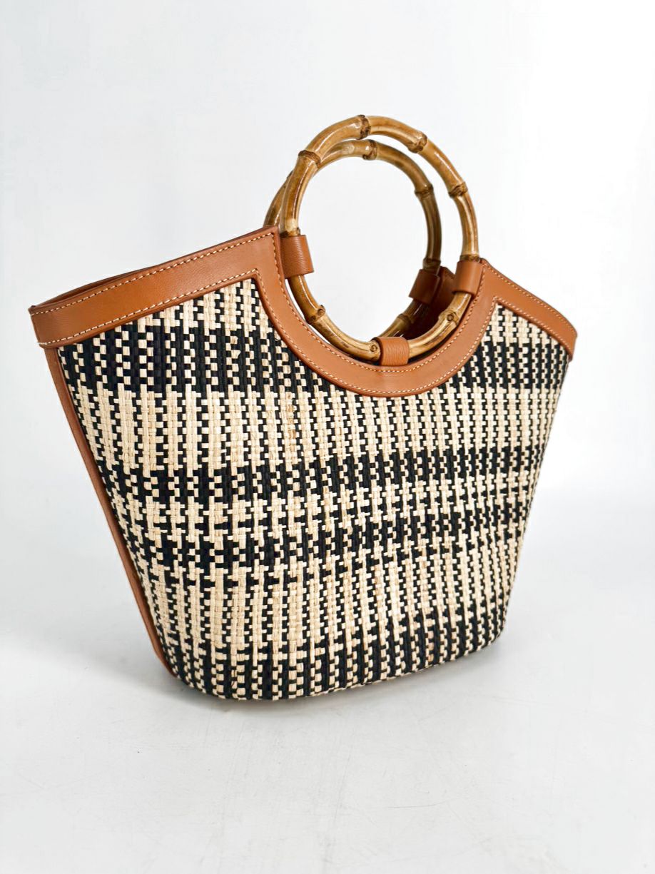 J MCLAUGHLIN Cream & Black Rattan Purse