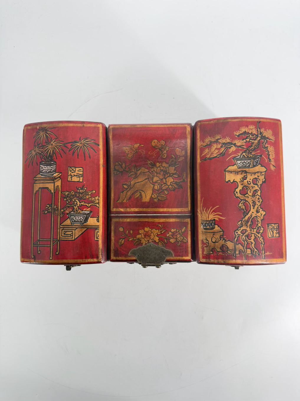 Red, Gold & Black Wood Hand painted Oriental Jewelry Box w/ Mirror