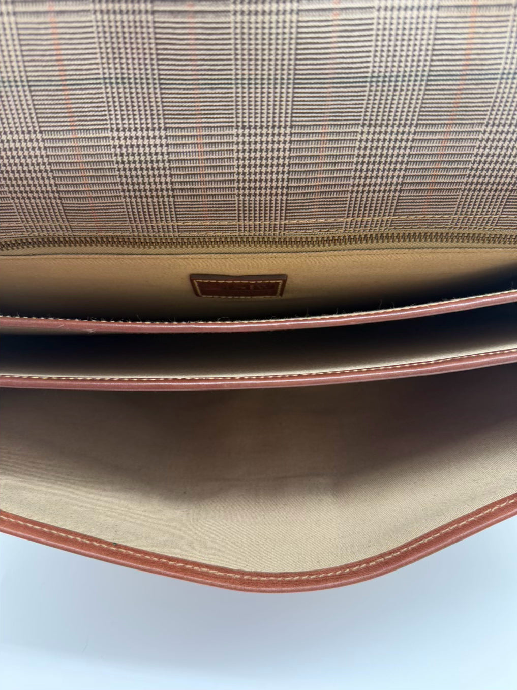 WATHNE Beige Coated Canvas Plaid Briefcase