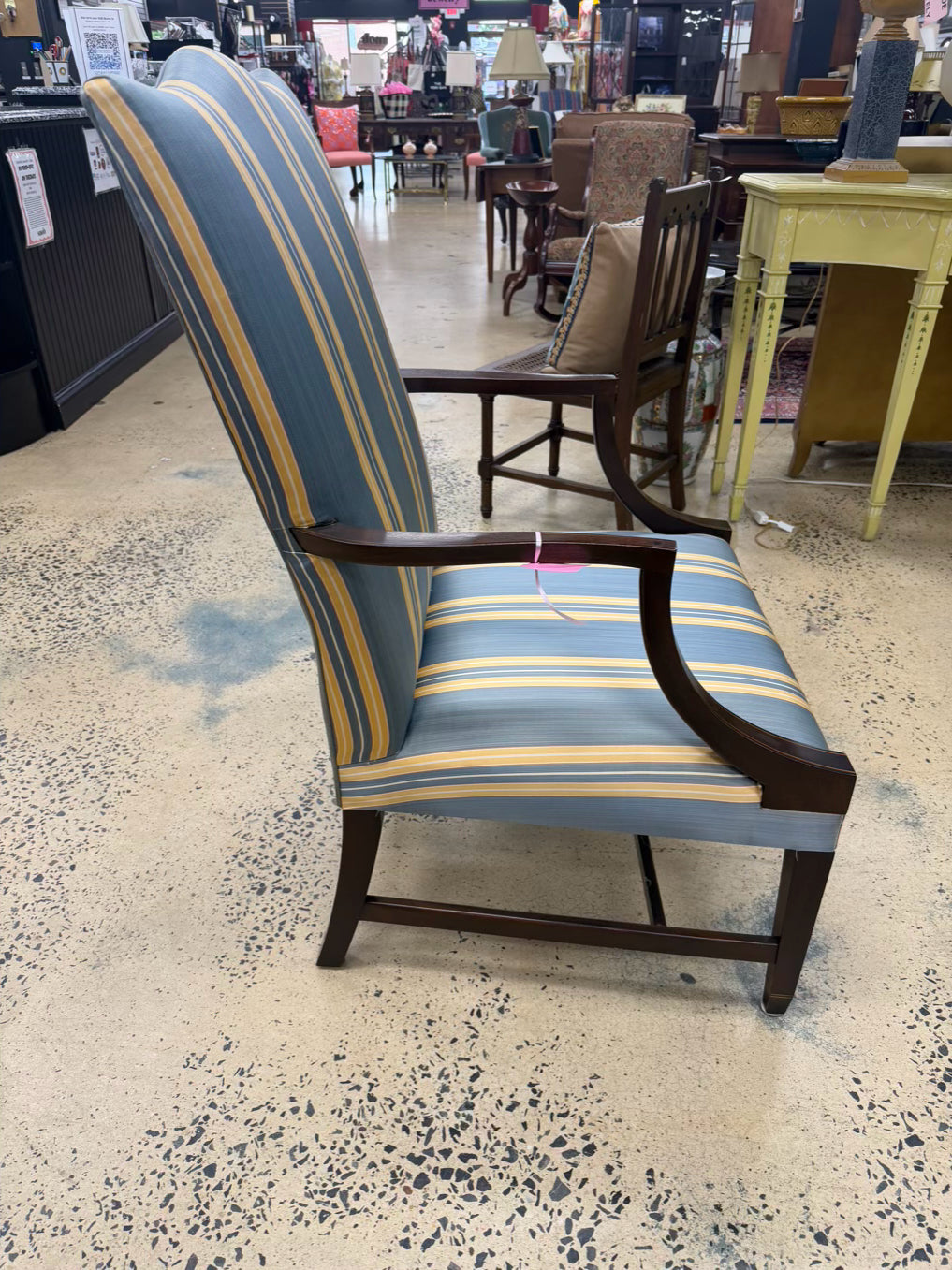 KINDEL MARTHA WASHINGTON Wood Chair w/ Blue & Yellow Stripe Fabric