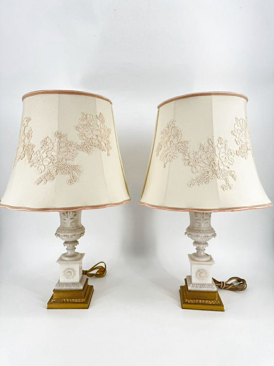 White Carved Alabaster w/ Brass Trim & Lace Embroidered Shade Pair of Lamps