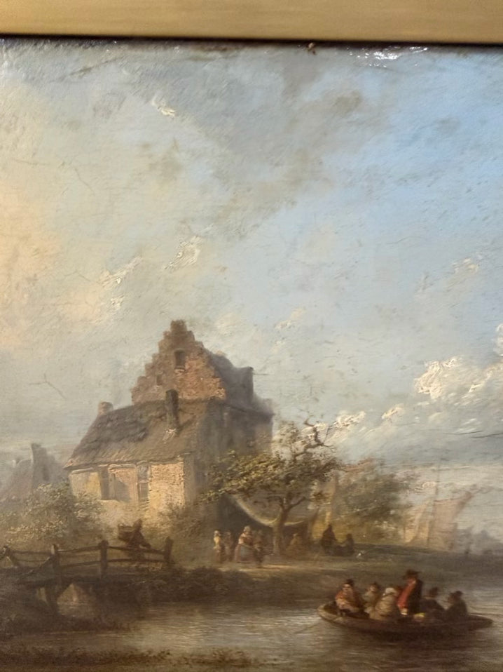 Old River Landscape Painting in Gold Wood Frame
