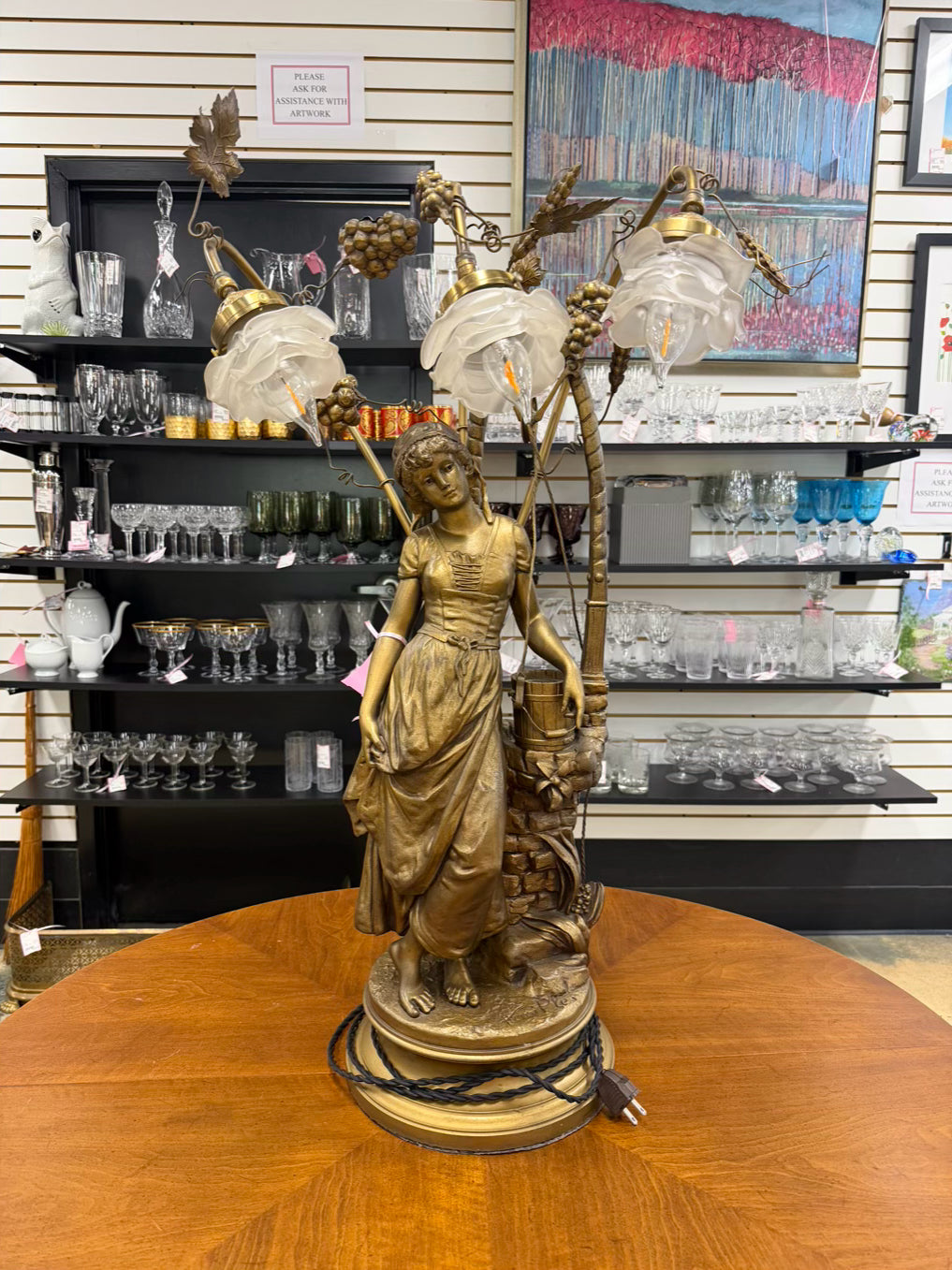 HENRI PLES Art Nouveau Woman by the Well Gold Metal Lamp