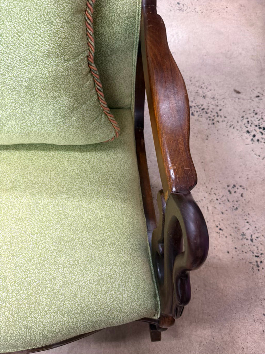 VINTAGE Wood Gooseneck Rocking Chair w/ Green Fabric & Pillow