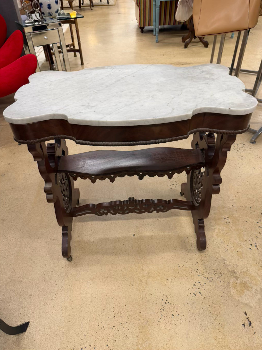 VICTORIAN Rococo Revival Style Wood & Marble Occasional Table
