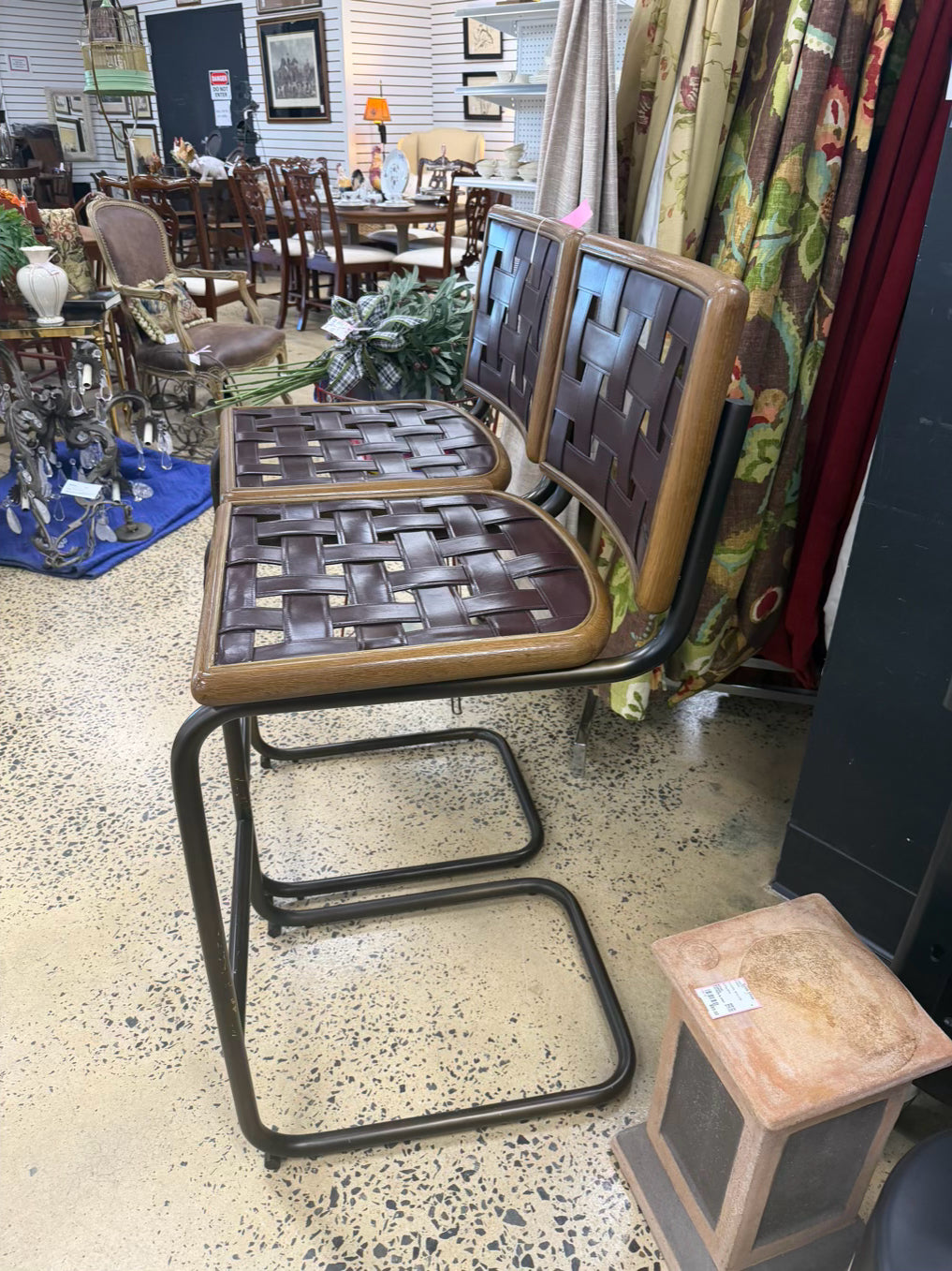 REVIVAL Brown Leather & Metal Pair Of Bar Stools