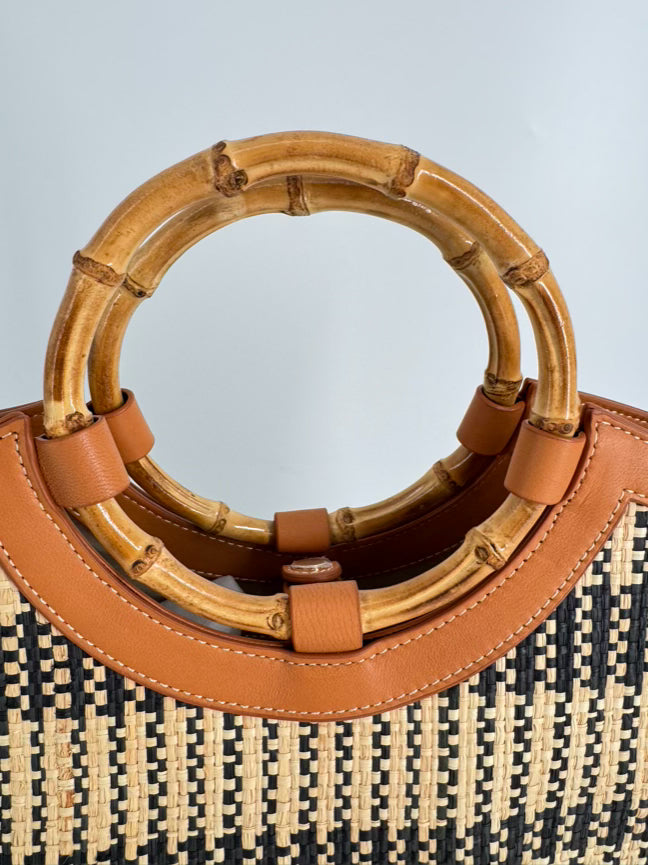 J MCLAUGHLIN Cream & Black Rattan Purse