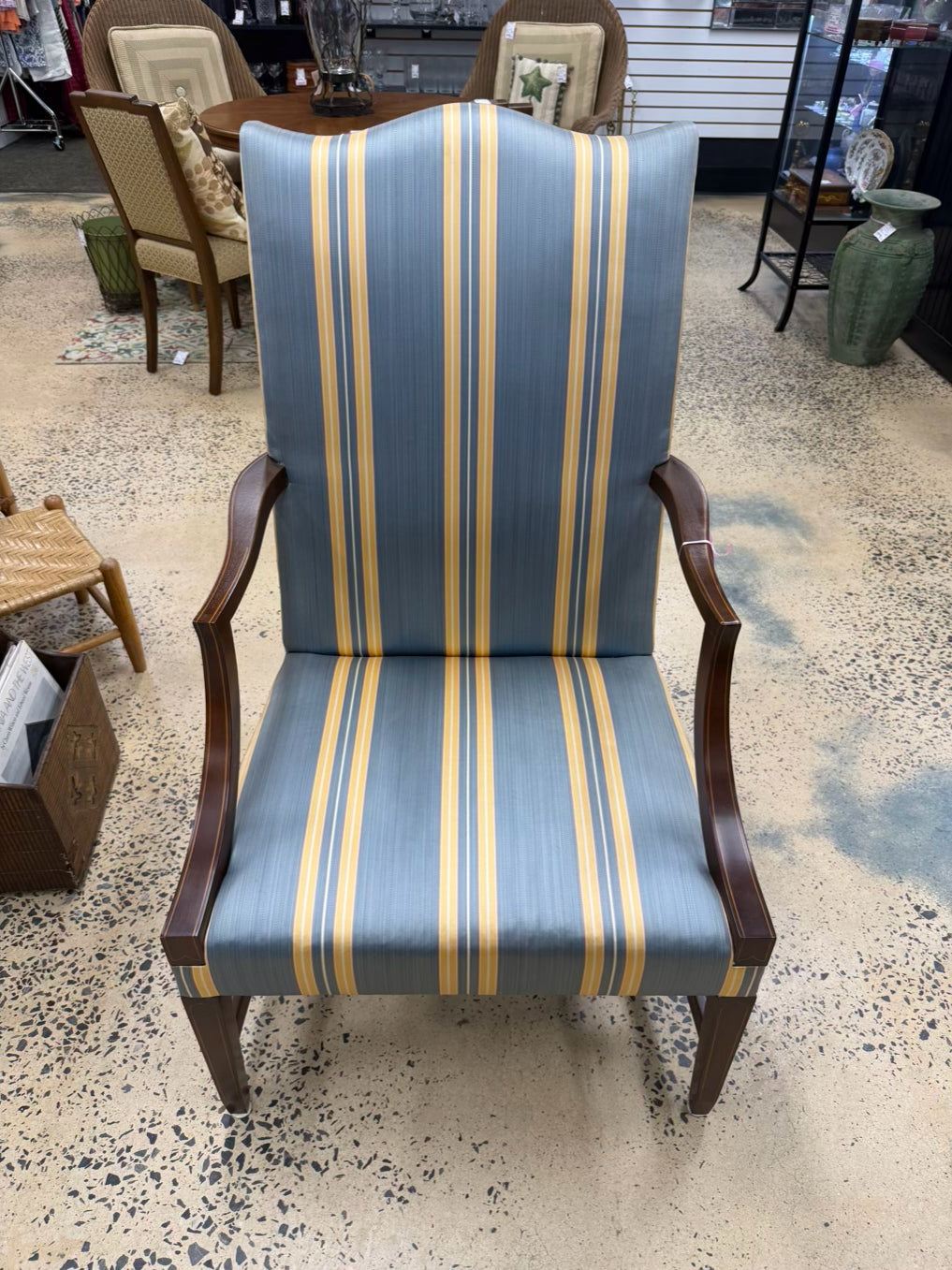 KINDEL MARTHA WASHINGTON Wood Chair w/ Blue & Yellow Stripe Fabric