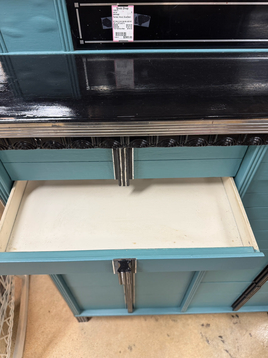 VINTAGE Turquoise & Black Painted Wood Art Deco Dental Detail Cabinet