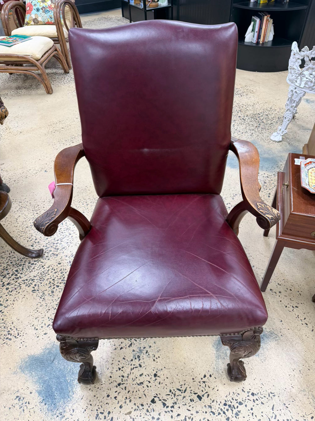 VINTAGE Red Queen Ann Wood Chair w/ Leather Upholstery