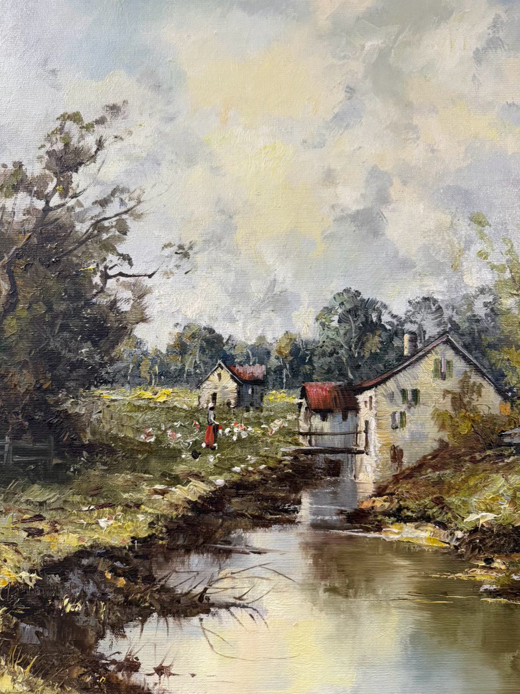 SIGNED Rural Country Landscape Painting In White Wash Vintage Frame