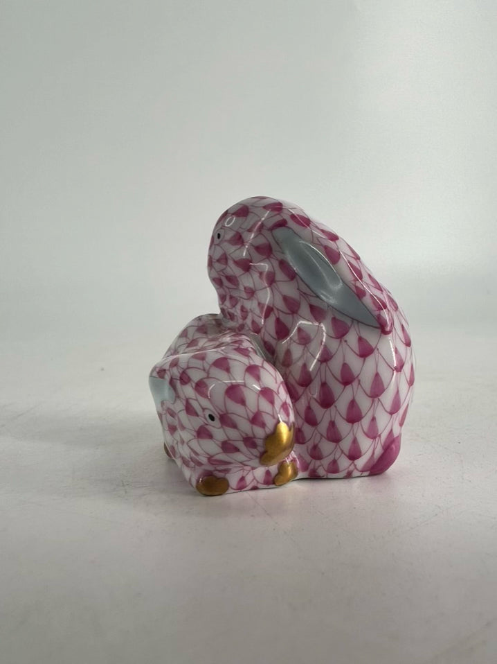 HEREND Pink & White Bunnies Cuddling Figurine