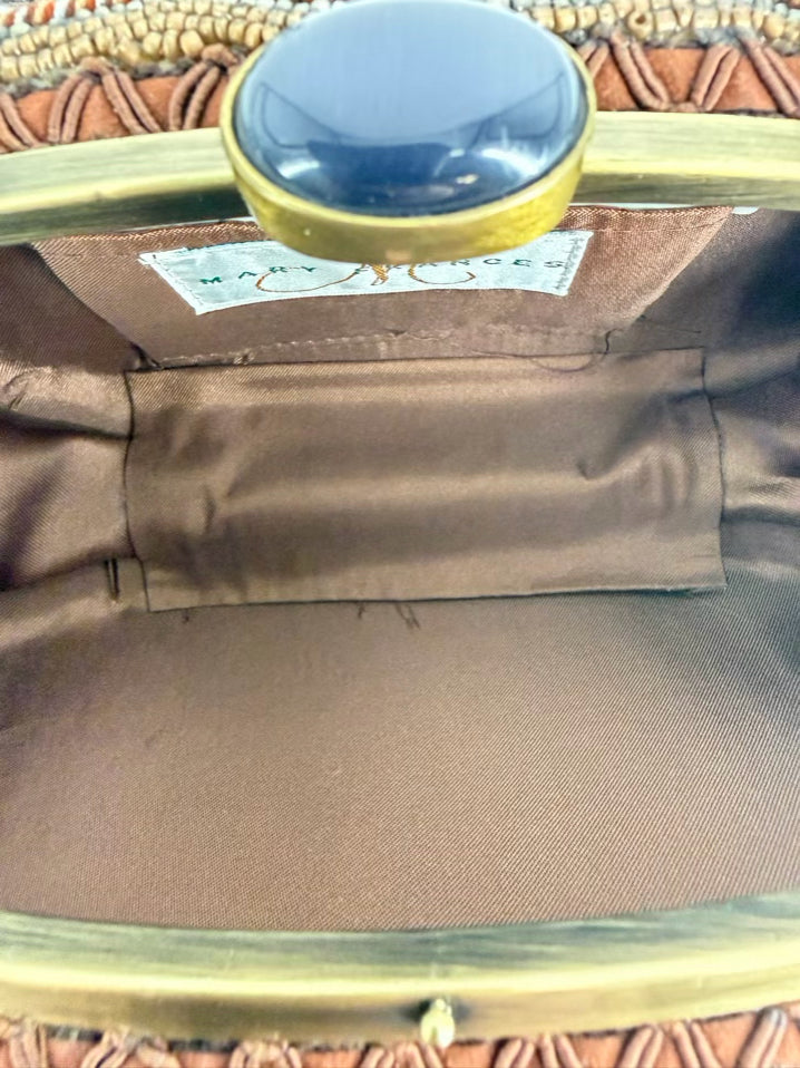 MARY FRANCES Beaded Tan, Brown & Teal Carmel Macchiato Gemstone Purse NWT
