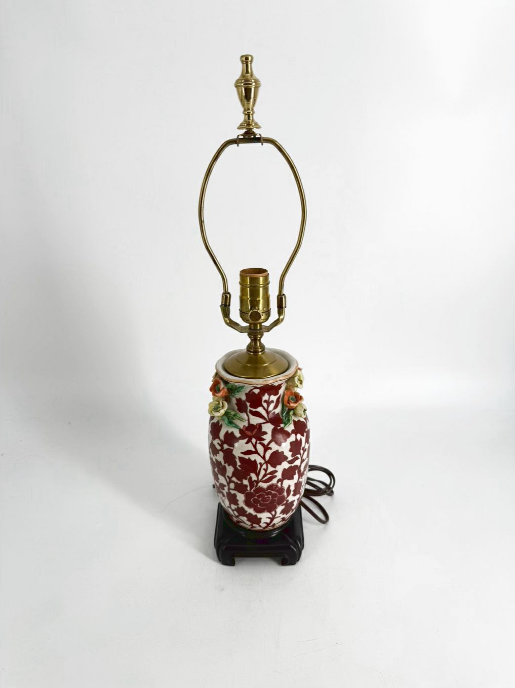 VINTAGE  Rust & Cream Ceramic Lamp w/ Flower Detail On Sides No Shade
