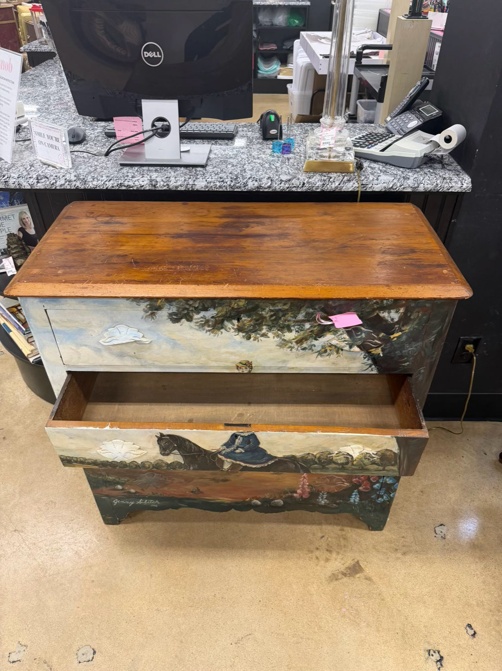 VINTAGE Painted Wood Girl On Horse 3 Drawer Chest