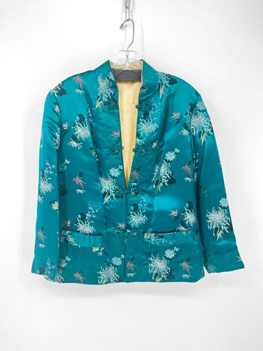 VINTAGE SOLZ SQUIRREL Size L Teal & Gold Floral Reversible Jacket