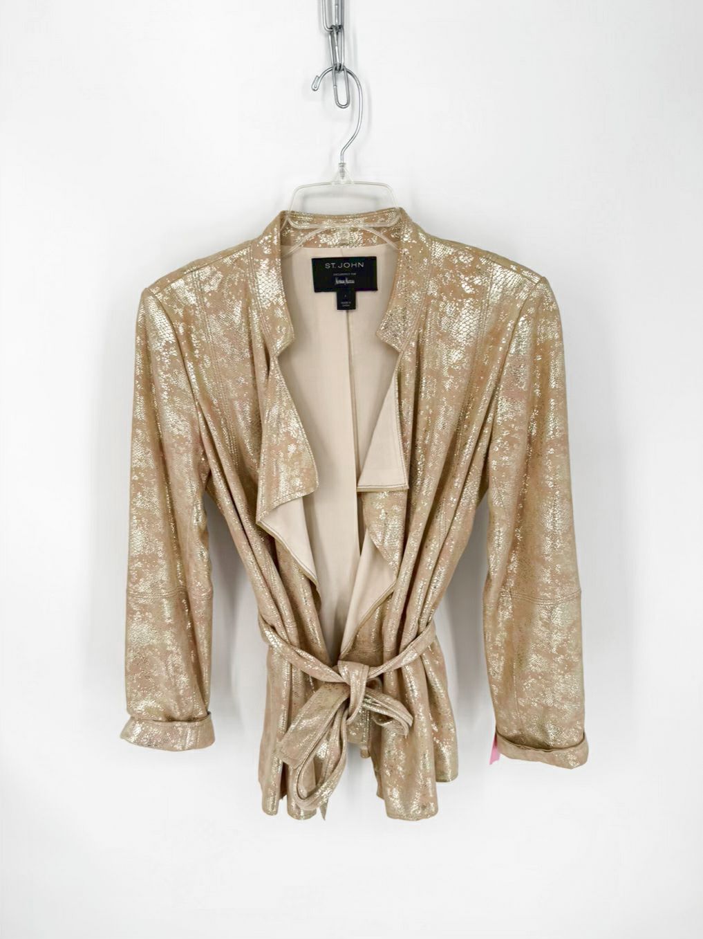 ST JOHN Wmn's Size 4 Beige Silk Lining Snake Print Metallic Belted Jacket