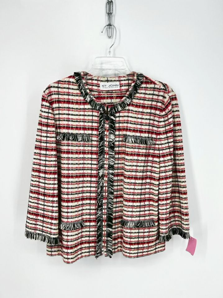 ST JOHN Size L Coral & Black Knit Fringe Jacket
