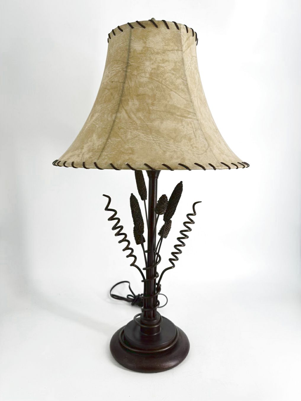 Brown Metal Cat Tail & Pine Cones Lamp w/ Shade