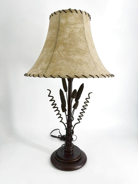 Brown Metal Cat Tail & Pine Cones Lamp w/ Shade