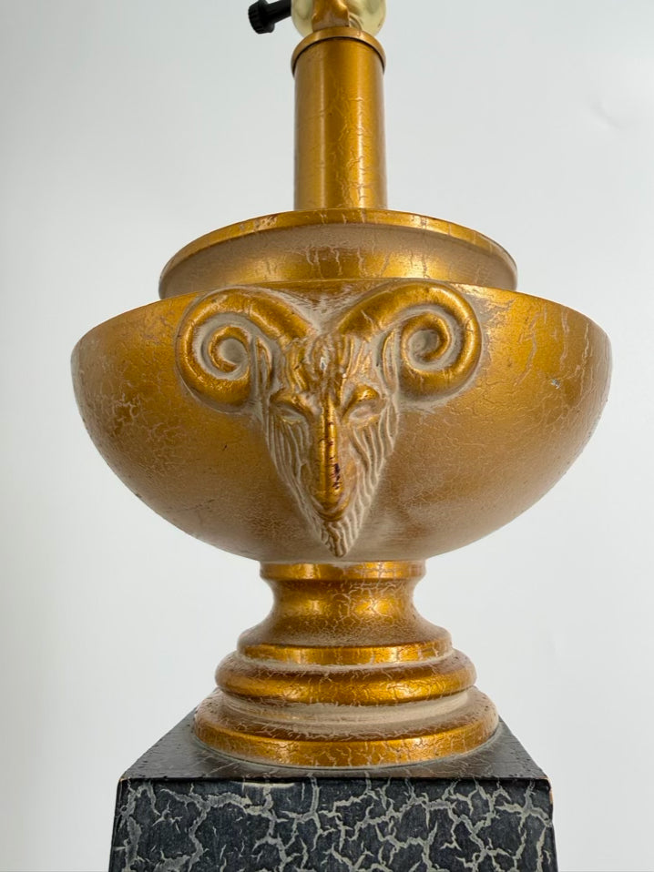 Black & Gold Column Pair Of Lamps w/ Rams Head Design No Shades