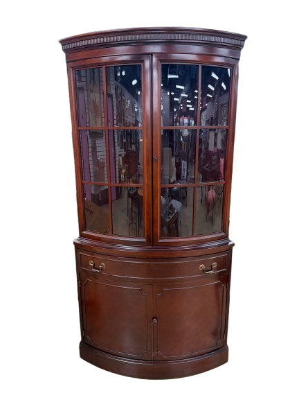 VINTAGE Curved Mahogany Corner Cupboard w/ Glass Doors