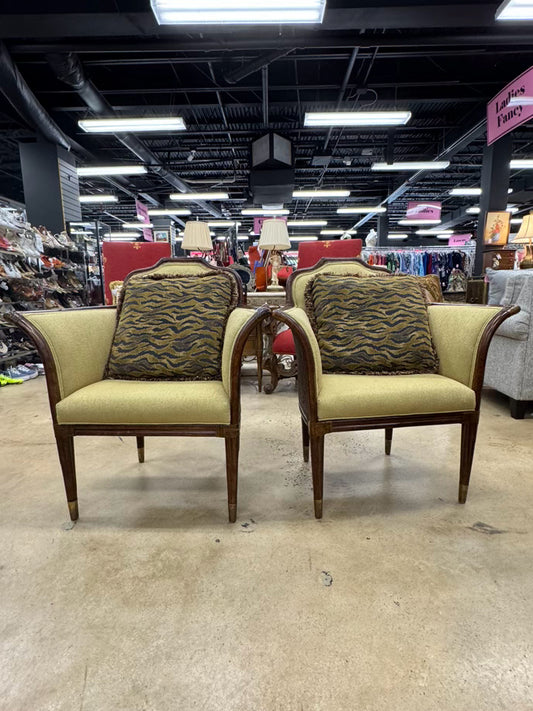 RAYMOND WAITES Brown & Gold Wicker & Bamboo Upholstered Pair of Chairs w/ Animal Print Pillows
