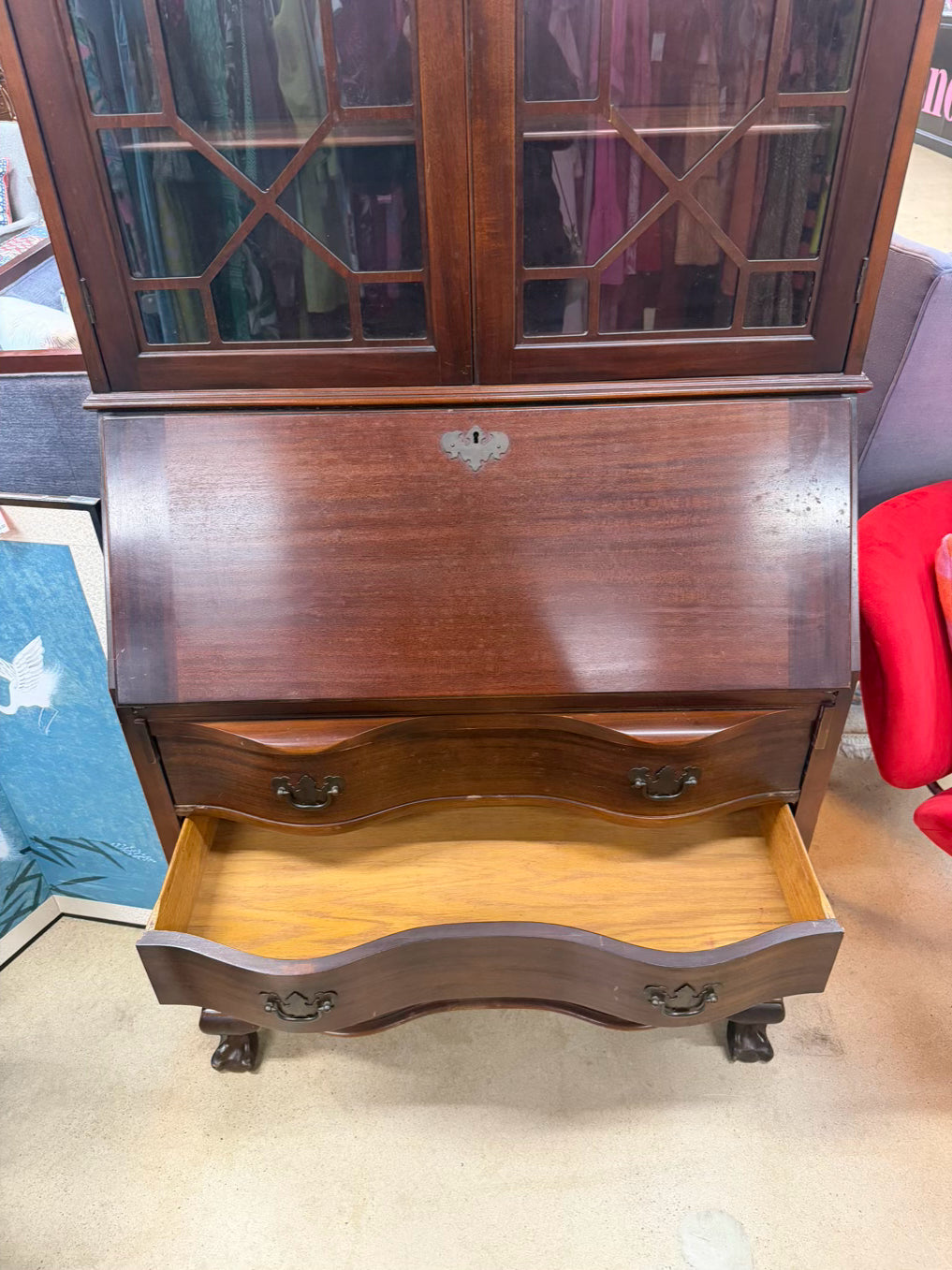 VINTAGE Dark Mahogany Secretary w/ Bookcase Top & Glass Doors