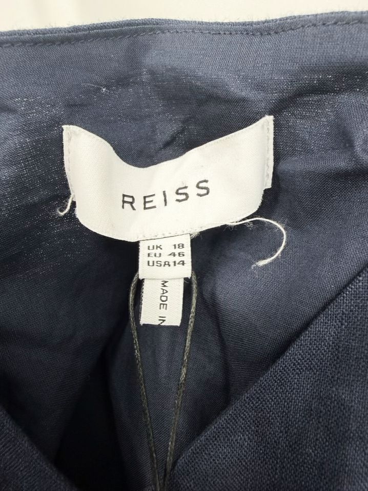 REISS Size Wmn's 14 Navy Linen Tie Front Sleeveless Midi-Dress NWT