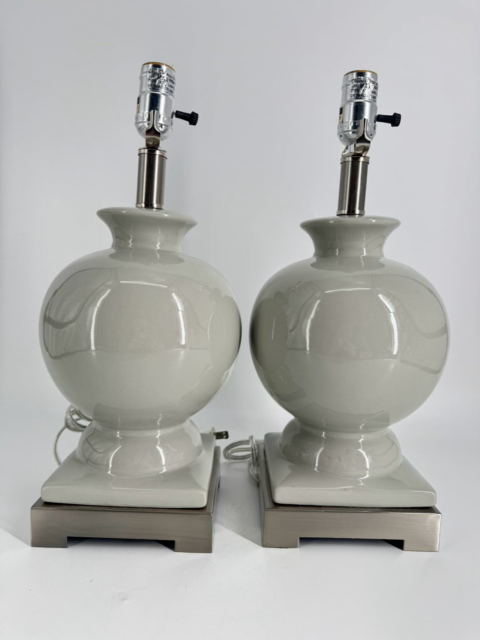 Gray Ginger Jar Pair of Lamps w/ Brushed Silver Bases