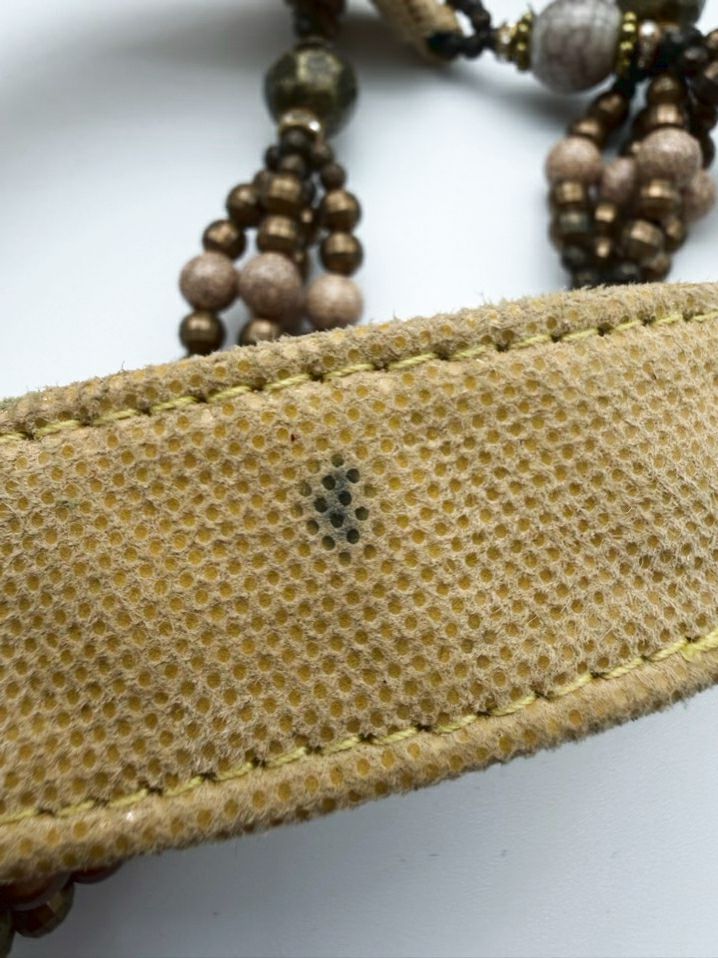 MARY FRANCES Flustered Beige Beaded Butterfly Drawstring Bucket Bag