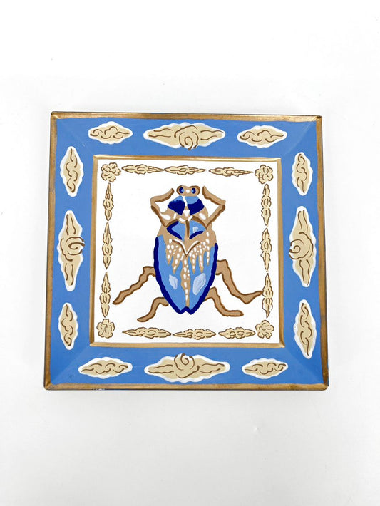 DANA GIBSON Blue & Gold Handpainted Buggy Metal Tray